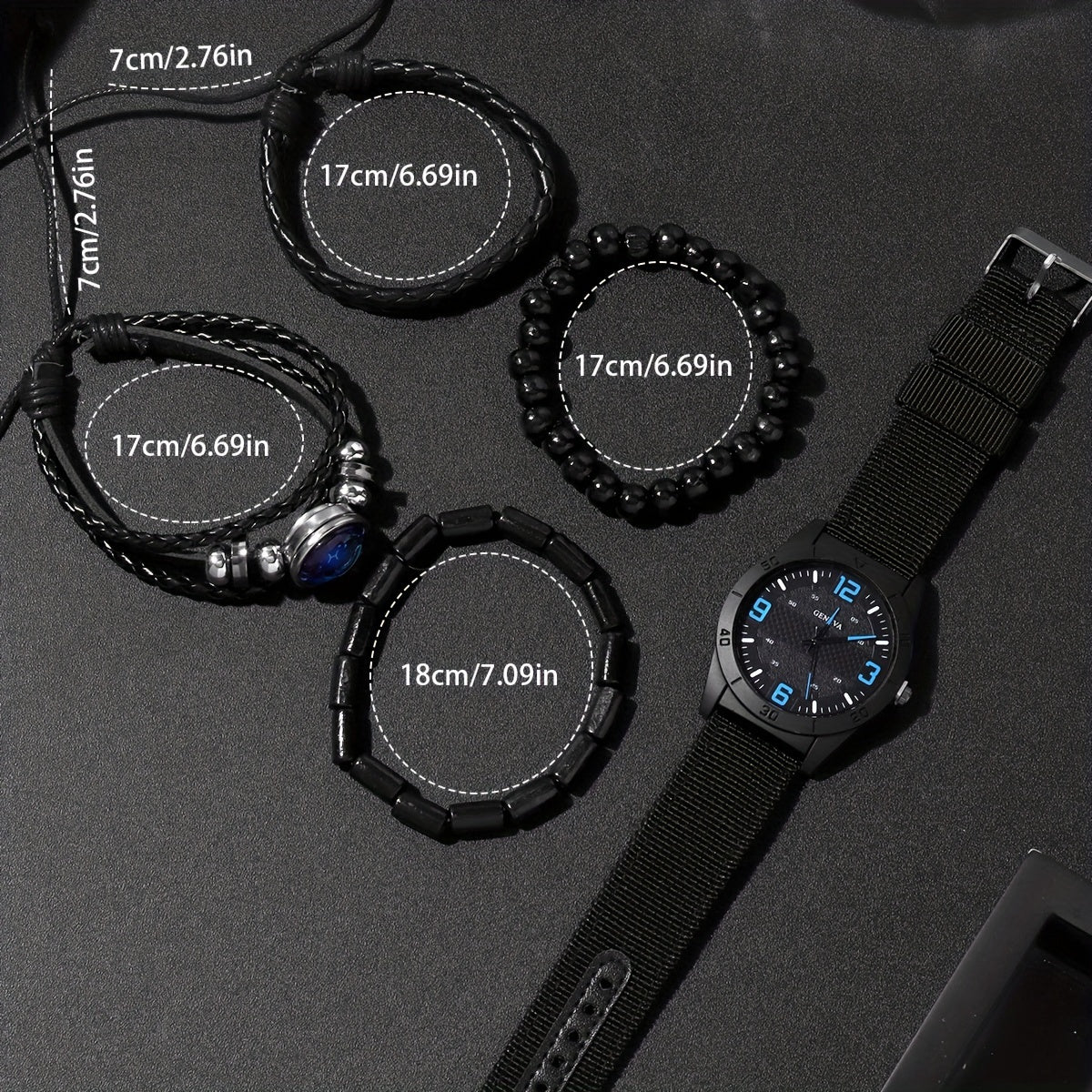 Men's Vintage Quartz Wristwatch Set with Round Dial Alloy Case Canvas Strap Wooden Bead Bracelet