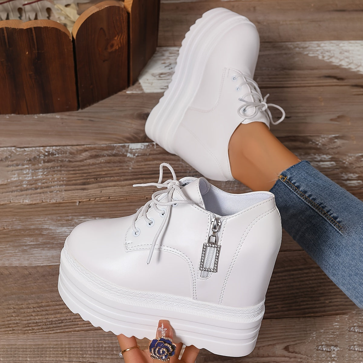 Zapatos de plataforma blancos para mujer con cremallera, suela gruesa y tacón alto