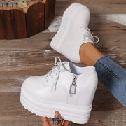 Zapatos de plataforma blancos para mujer con cremallera, suela gruesa y tacón alto