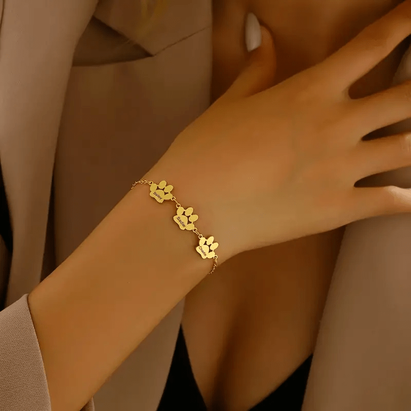 Personalized Stainless Steel Cat Paw Bracelet with Names Bohemian Pet Keepsake Gift