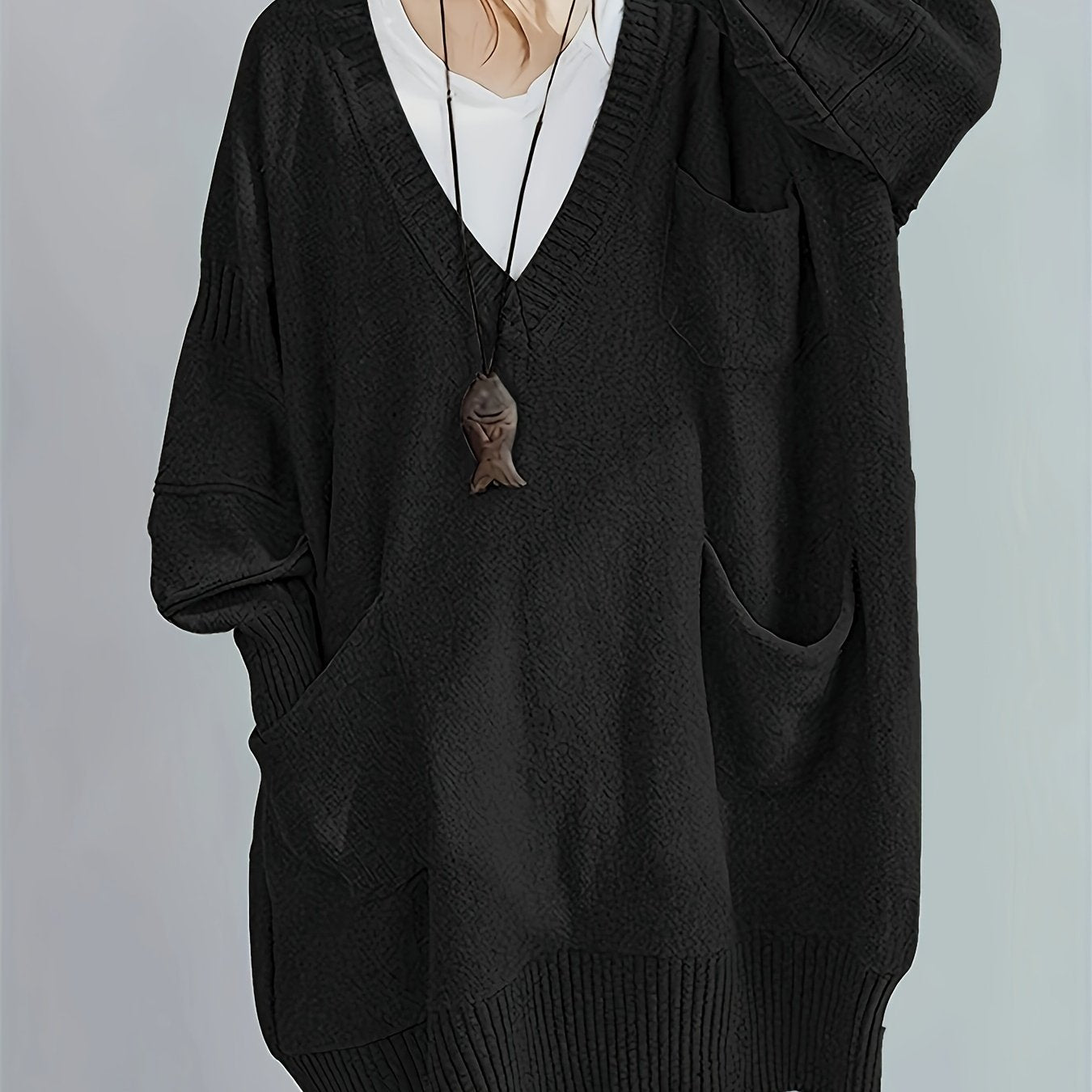 Plus Size Women's V-Neck Oversized Sweater Black Longline Casual Pullover