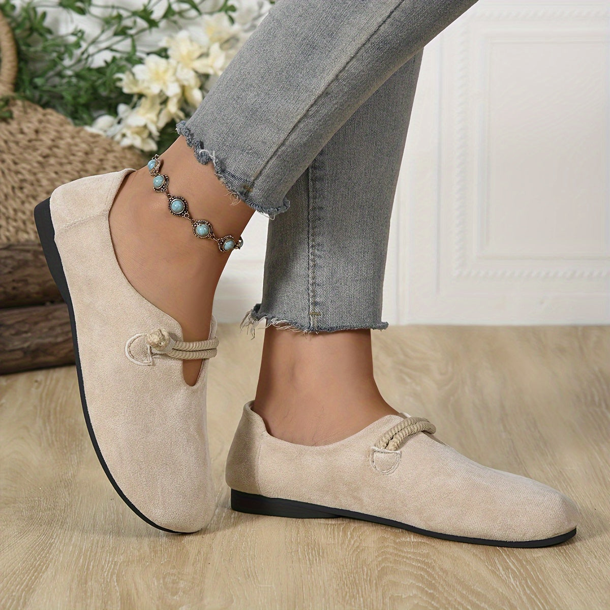 Women's Flannel Slip-On Ballet Shoes with Faux Leather Sole for All Seasons