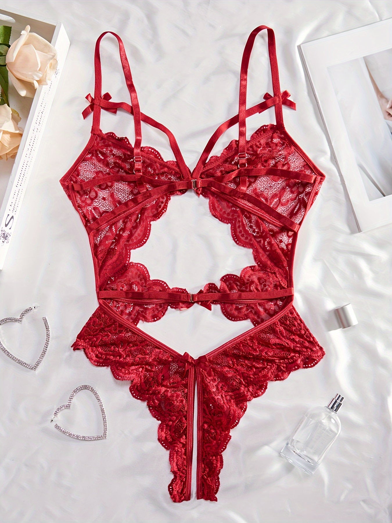 Women's Lace Teddy Bodysuit with Open Back and Strappy Thong