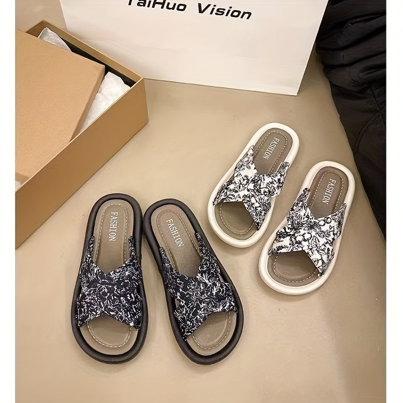 Ayollar uchun gullar bilan bosilgan slip-on sandallar qora va oq, barcha mavsumlar uchun EVA