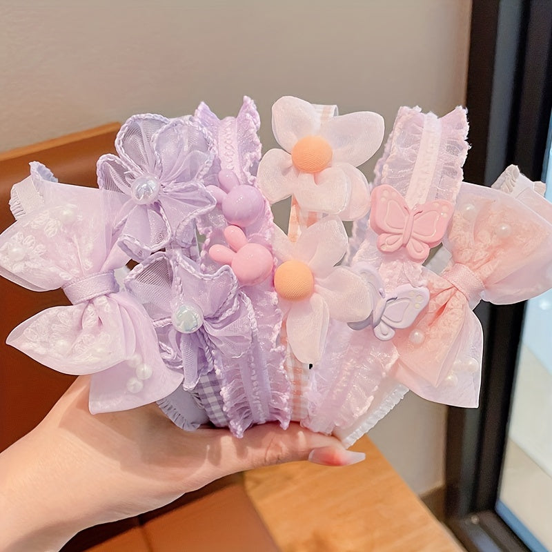 Set of 3 Lace Floral Mesh Headbands with Non-Slip Grip and Bow Accents