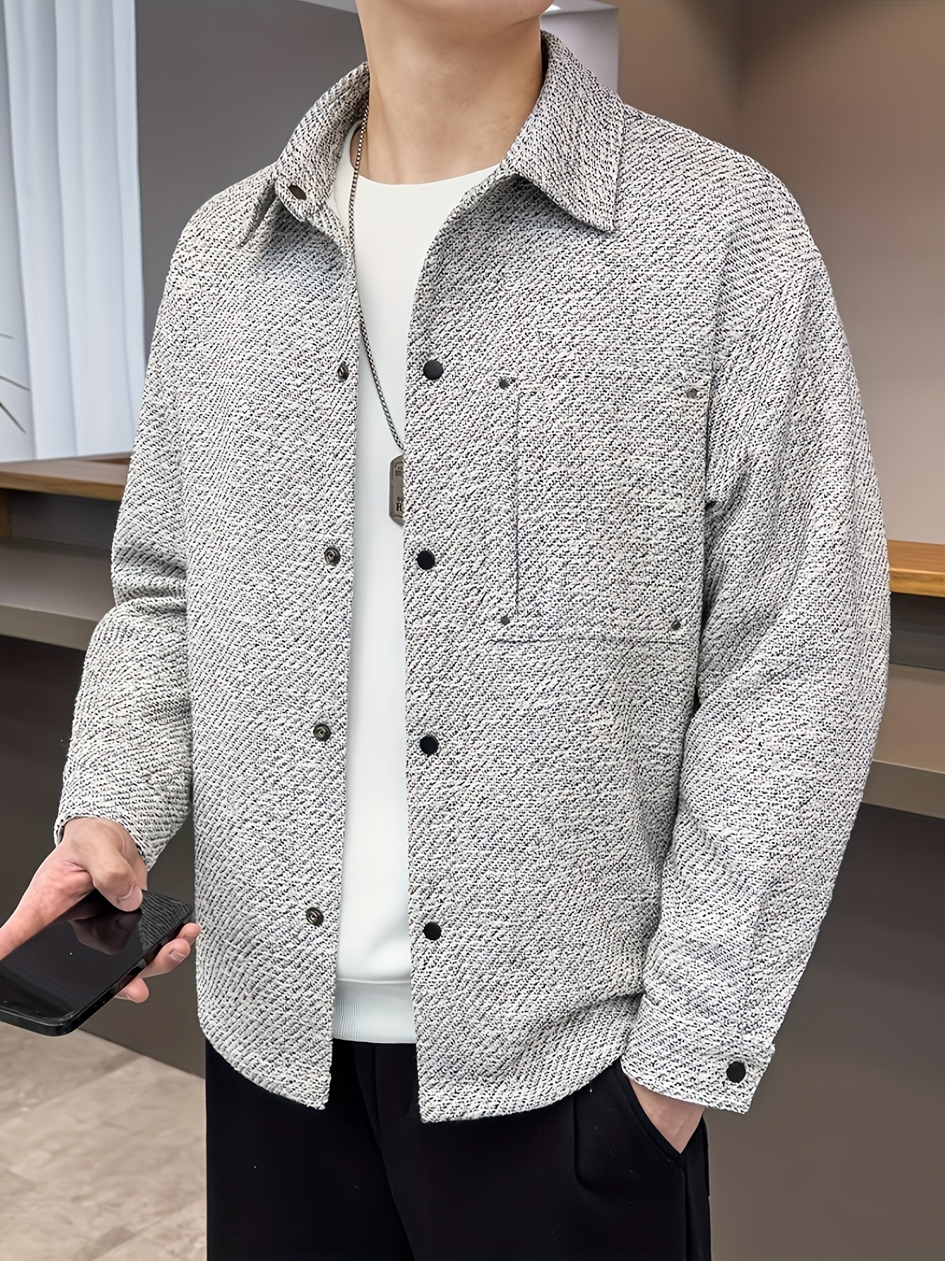 Men's Autumn Casual Lapel Collar Woven Polyester Jacket with Pockets