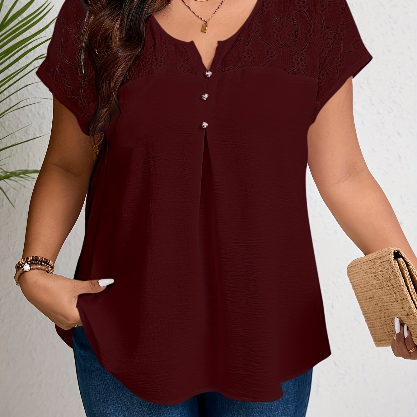 Plus Size Women's Top with Lace Detail V-Neck Non-Stretch Polyester for Spring Summer Fall
