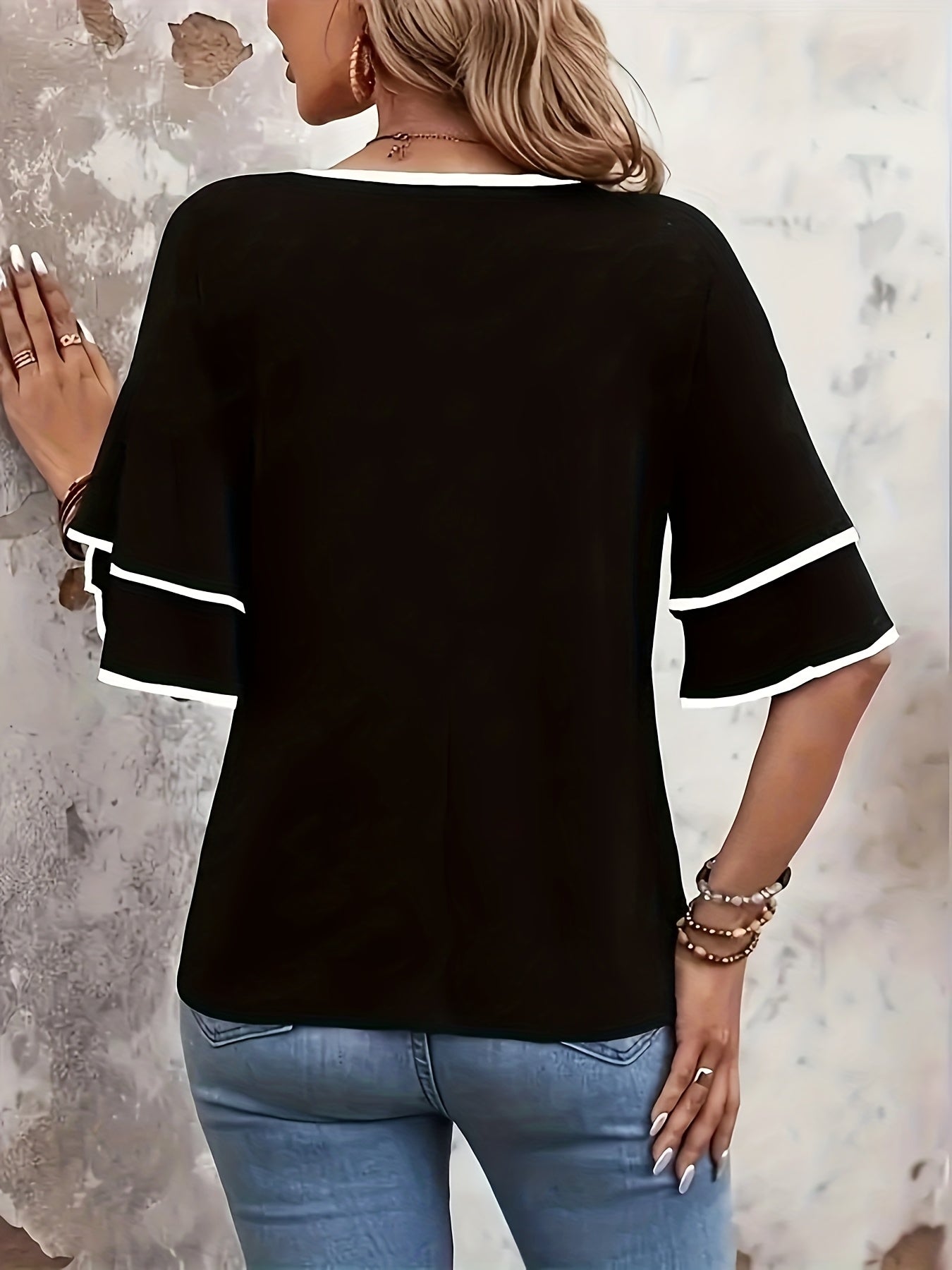 Women's Black V-Neck T-Shirt with White Trim Short Sleeve Stretchy Fabric