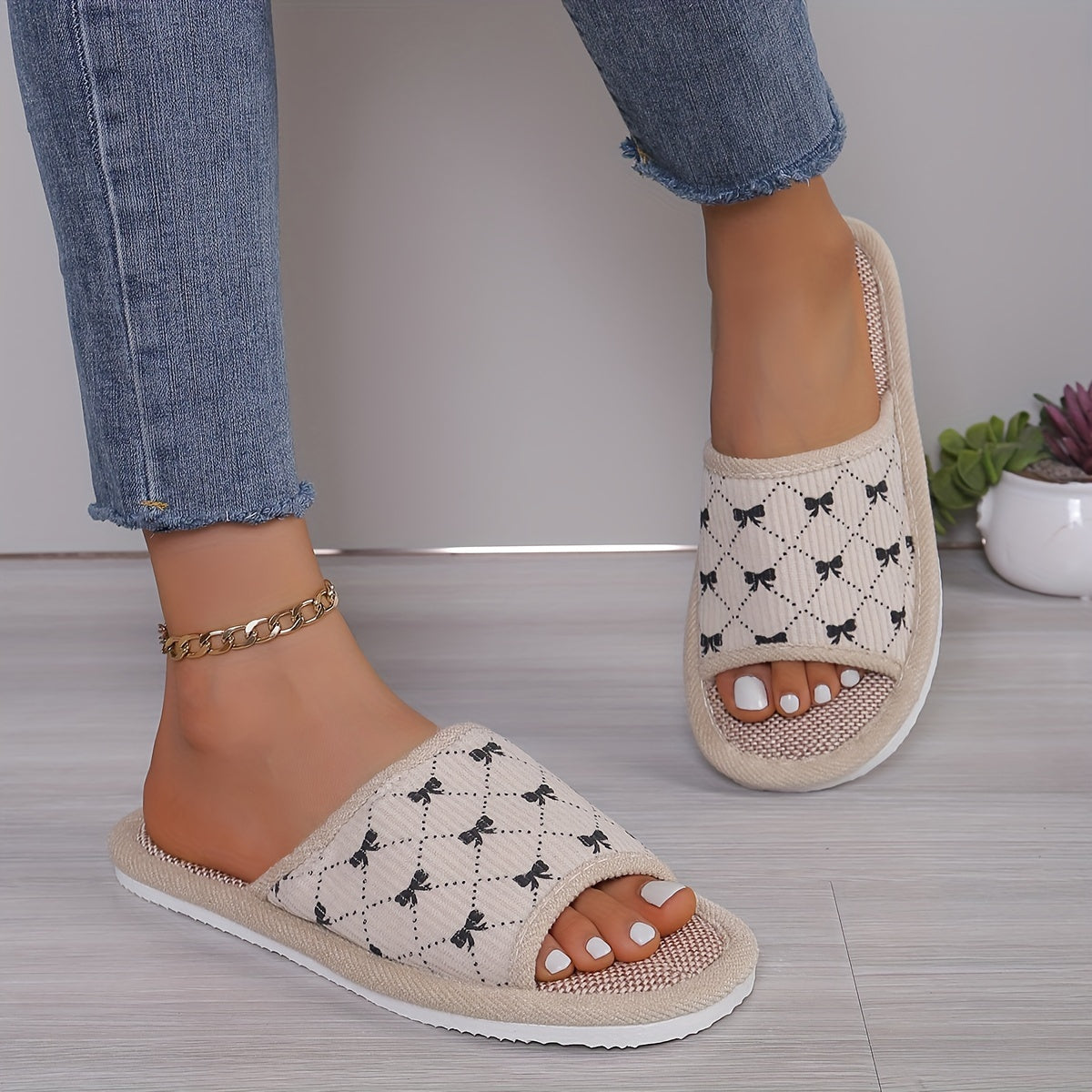 Zapatillas slip-on de tela transpirable para mujer con lazo y suela de EVA para comodidad en interiores