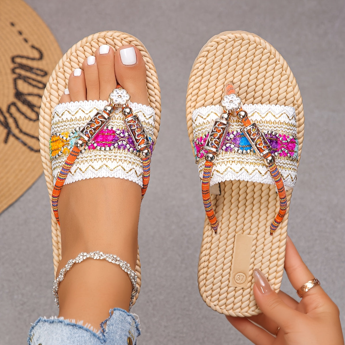 Women's Ethnic Flat Sandals with Beaded Ankle Straps Open Toe Summer Wear