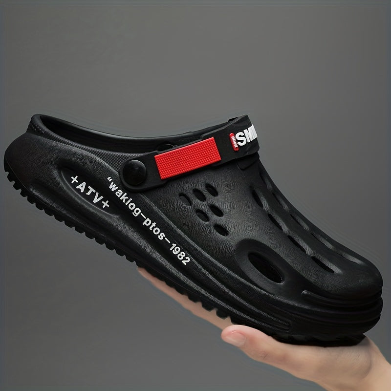 Men's EVA Clogs with Alphabet Design Breathable Slip-On Garden Shoes with Yellow Strap