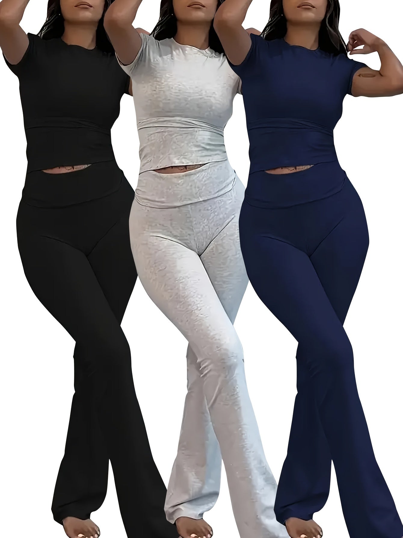 Women's Lounge Set 3-Piece Crop Top Flared Pants Solid Color Knit Modal Comfortable Casual