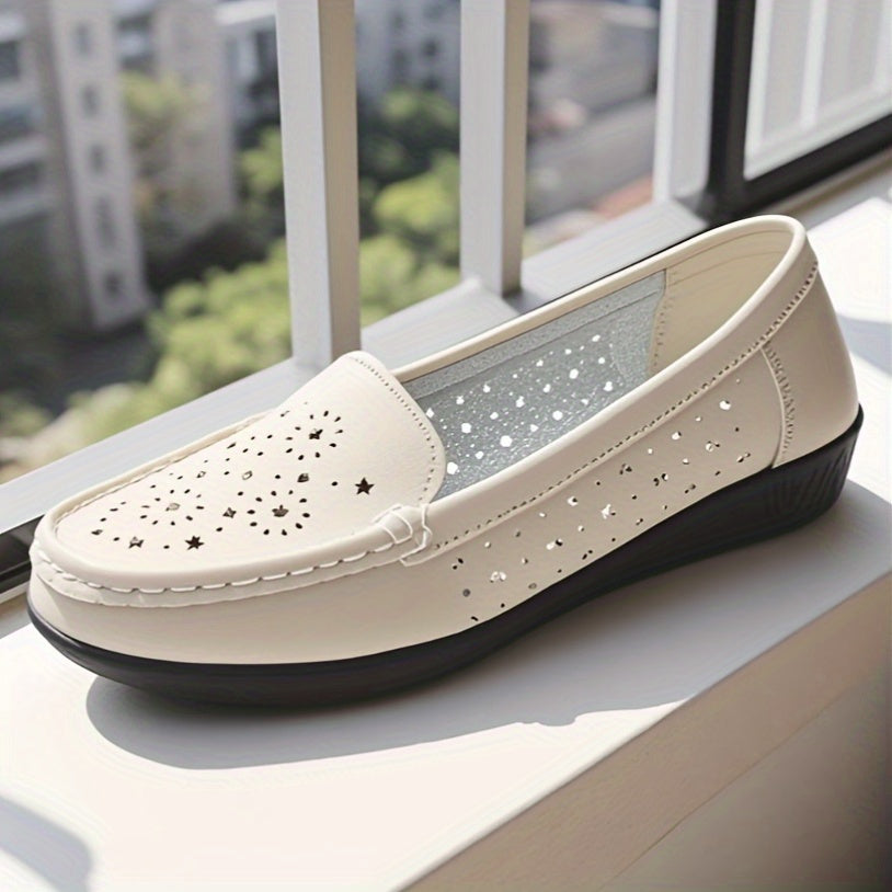 Women Beige Slip-On Loafers with Perforated Design, Wedge Heel, Breathable Synthetic