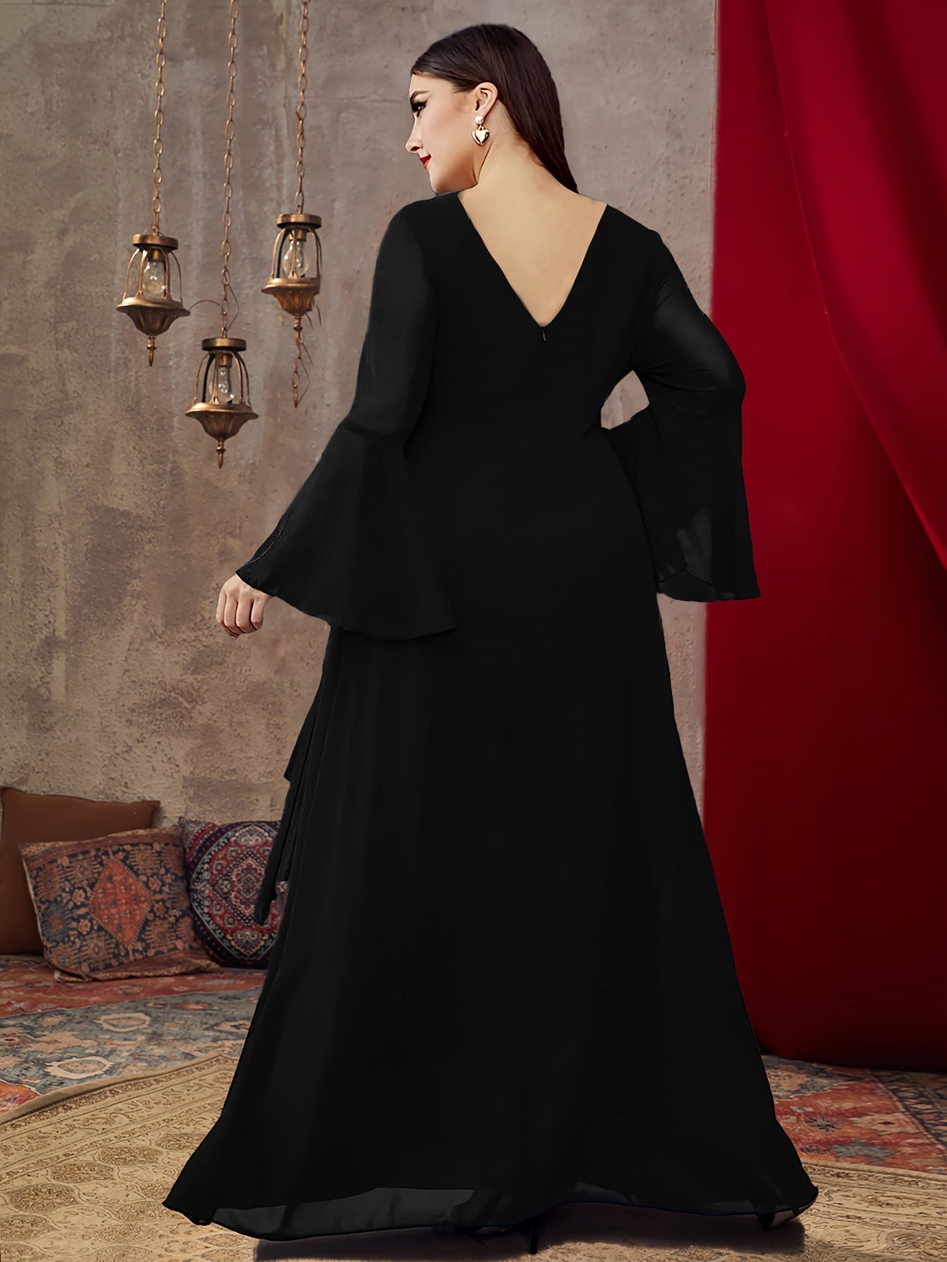 Women Chiffon V-Neck Dress with Belt for Formal Events Plus Size