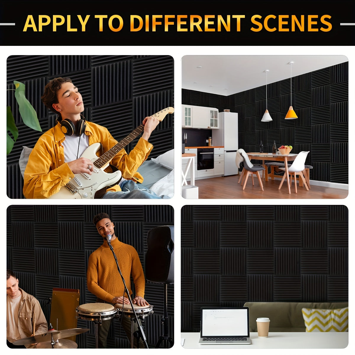 12-Pack Acoustic Foam Panels Self-Adhesive Soundproofing Tiles for Noise Reduction Black Grey 30.48cm x 30.48cm
