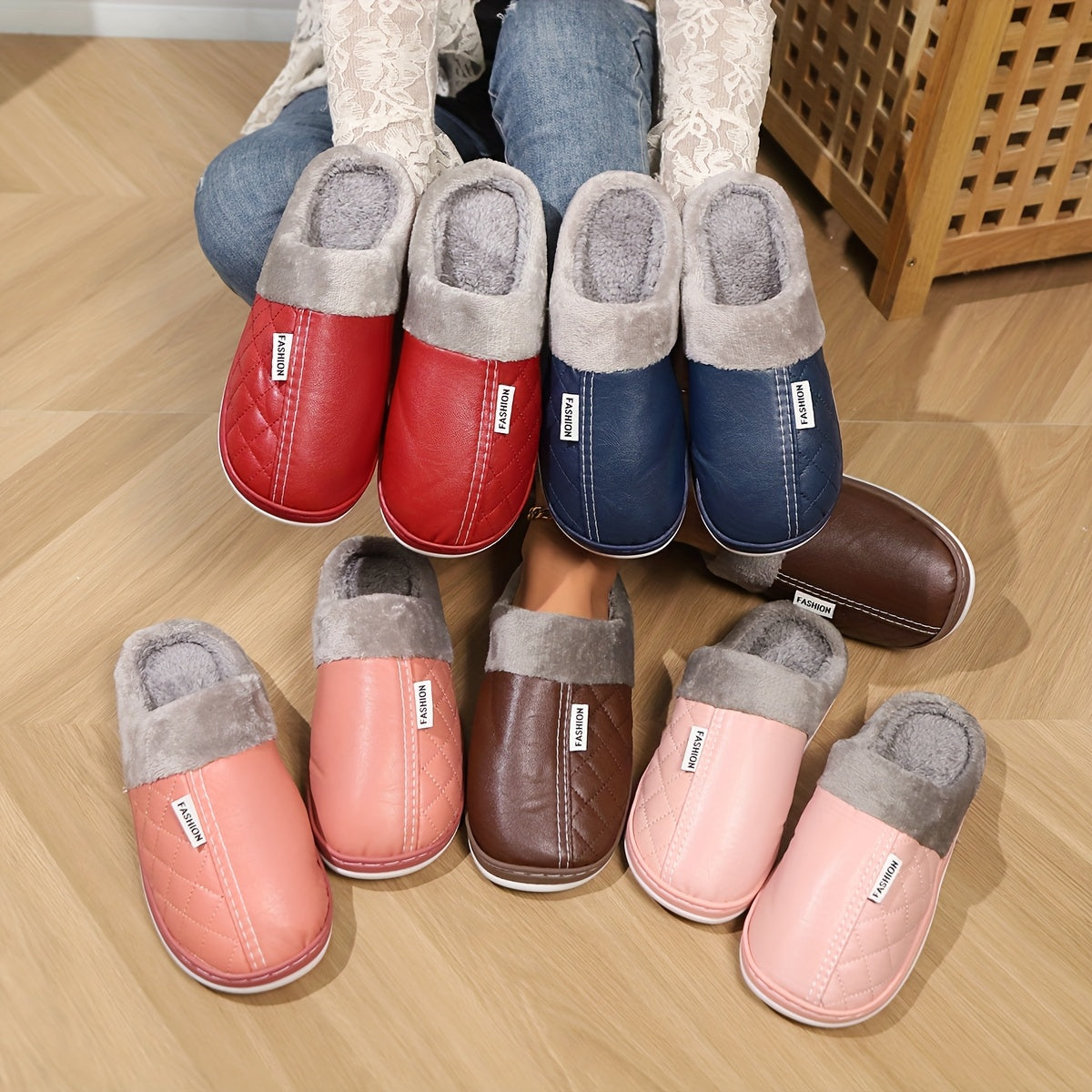 Ayollar uchun vintage slip-on shippaklar, mo'ynali ichki qavatli uy poyabzali