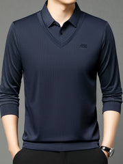 Chiziqli Erkaklar Golf Ko'ylagi, Soxta Ikki Qismli Dizayn, Bahor va Kuz Tashqi Kiymish uchun Uzun Qoltiq Ko'ylak