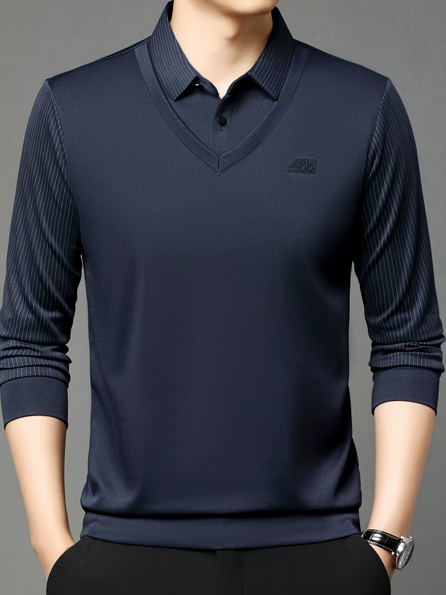 Chiziqli Erkaklar Golf Ko'ylagi, Soxta Ikki Qismli Dizayn, Bahor va Kuz Tashqi Kiymish uchun Uzun Qoltiq Ko'ylak