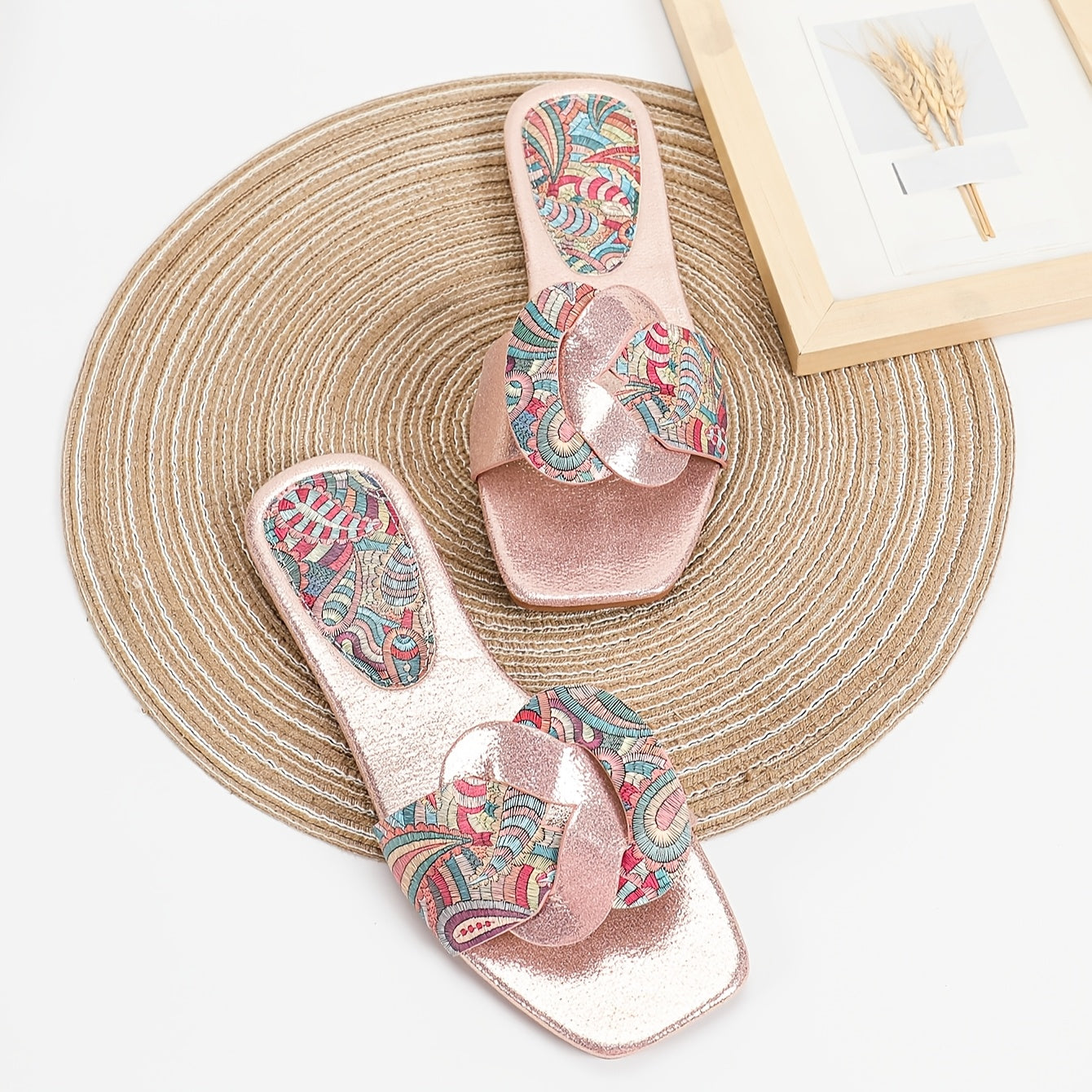 Women's Ethnic Flat Sandals TPR Sole Faux Leather Upper Summer Slip-On Square Toe