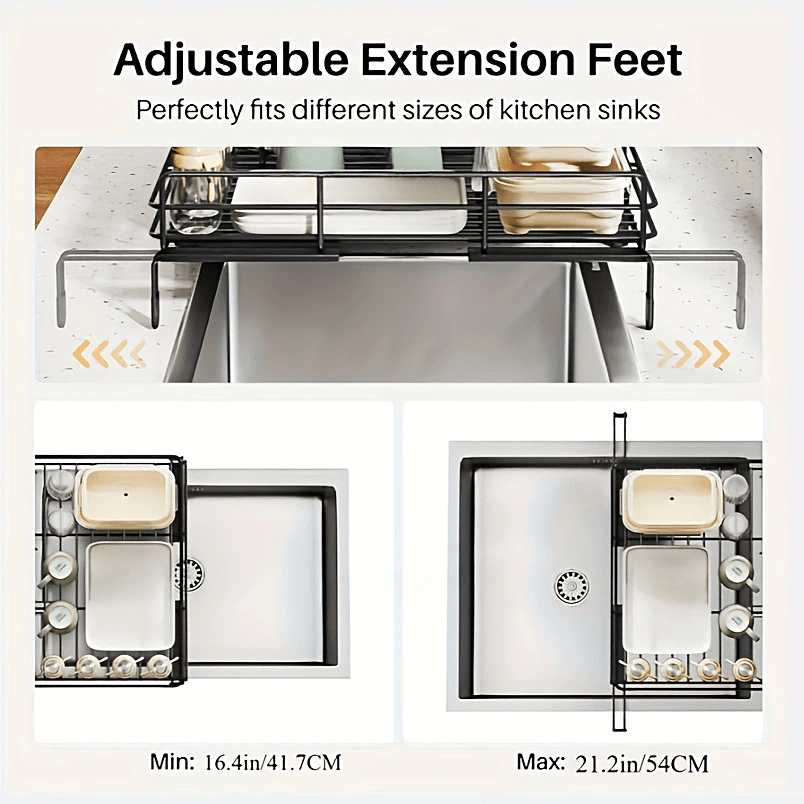 Stainless Steel Dish Drying Rack with Utensil Holder Adjustable Drain Spout Space-Saving Black Kitchen Sink Organizer