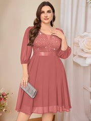 Vestido de mujer de talla grande con mangas farol y detalles de lentejuelas en escote en V