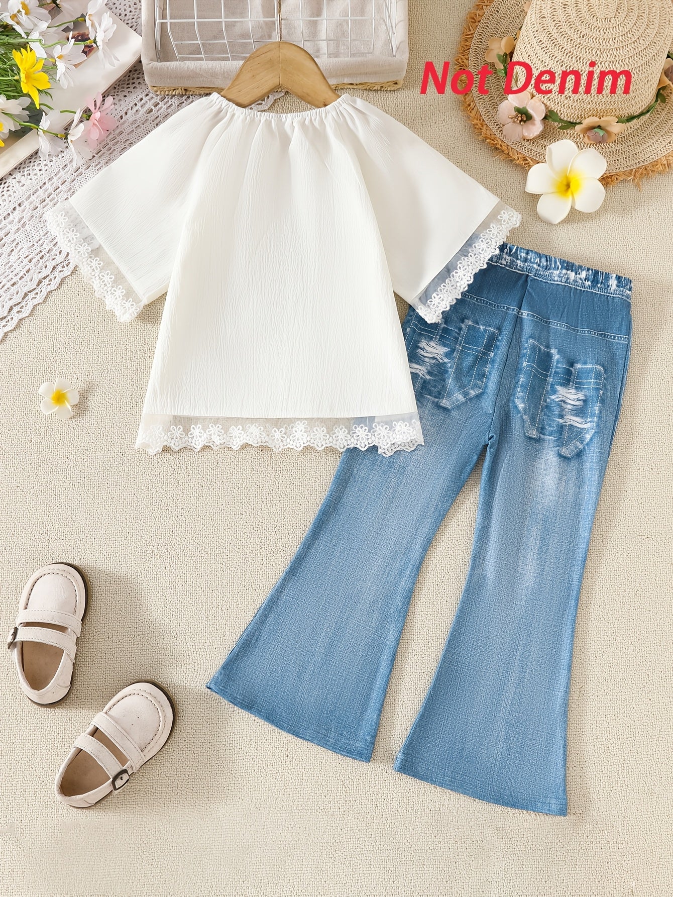 Girls Summer Outfit Set with Lace-Trimmed Top and Faux Denim Pants for Casual Outdoor Wear