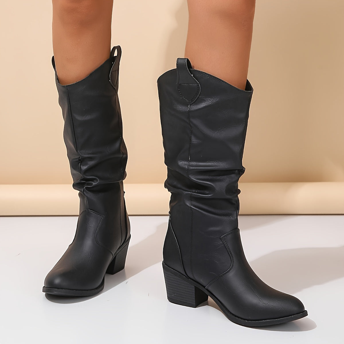 Women Western Cowboy Boots Synthetic Cowgirl Shoes Block Heel Brown Ruching