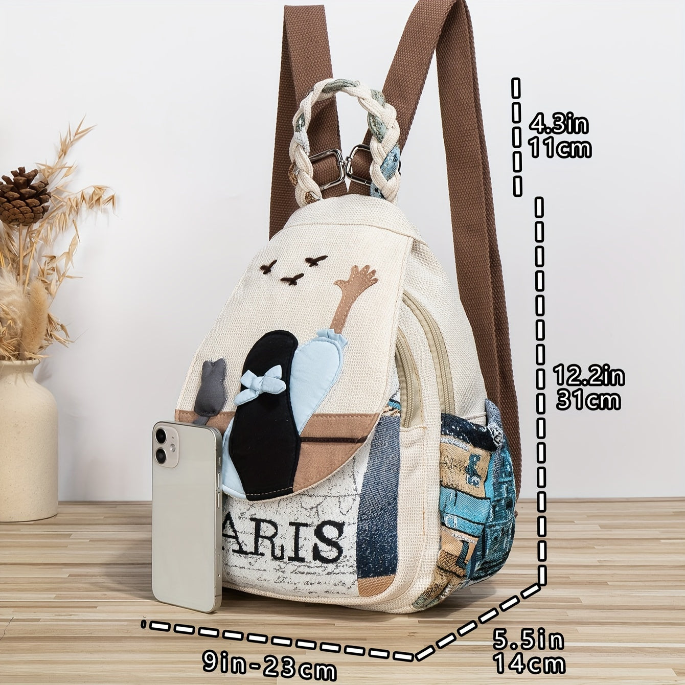 Bohem uslubidagi sumka, rang-barang mushuk va o‘rdak bosmalari bilan, kundalik foydalanish uchun