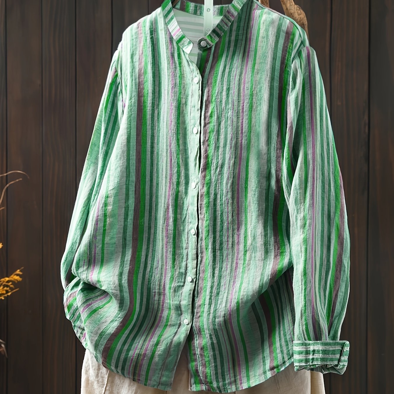 Plus o'lchamli ayollar bluzasi uzun qo'lqopli yengli polyester to'qima binafsha yashil barg bosma