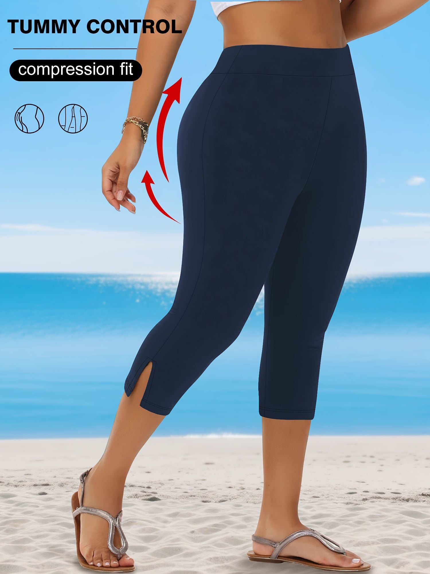 Plus Size Women's Stretchy Capri Pants with Side Slit Solid Color Breathable Fabric