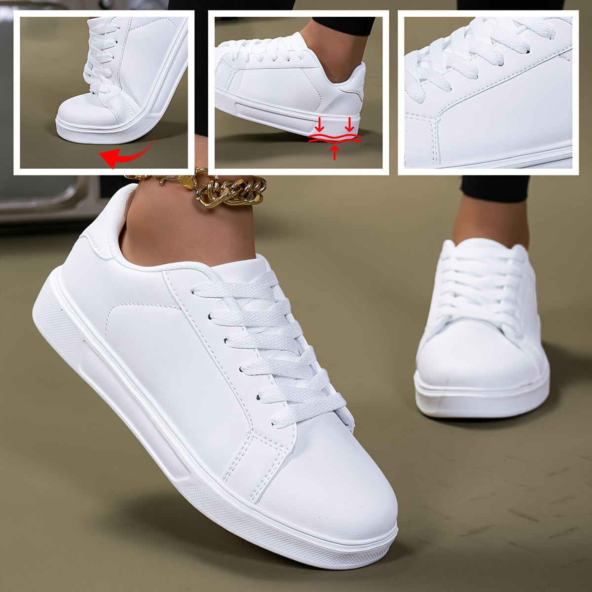 Women's White Breathable Flat Bottom Sneakers for Fitness and Casual Wear