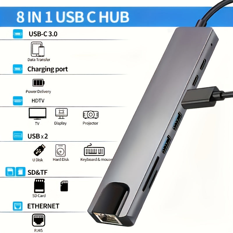 8-в-1 USB-C хаб для MacBook, Windows-ноутбуков, 4K HDTV, Ethernet, кардридер