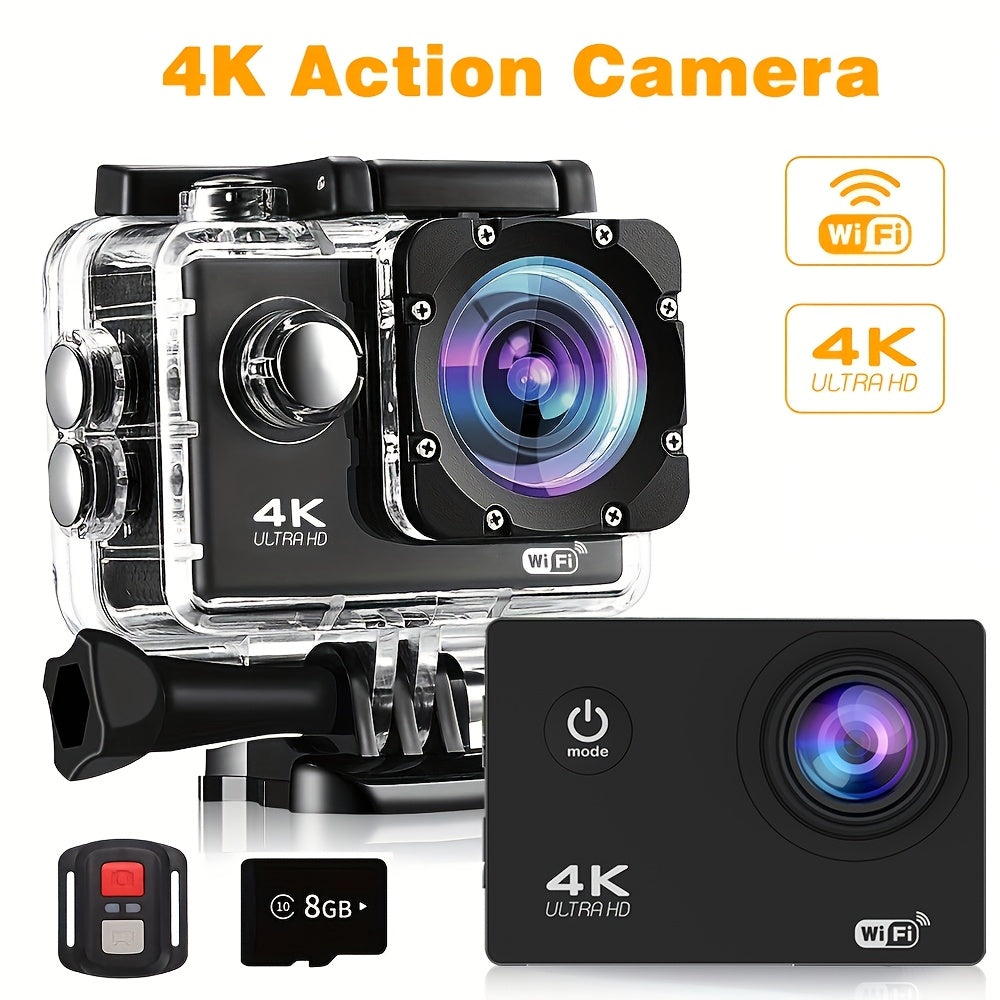 4K Ultra HD Action Camera with WiFi Remote Control 170° Wide-Angle Lens 8GB Card