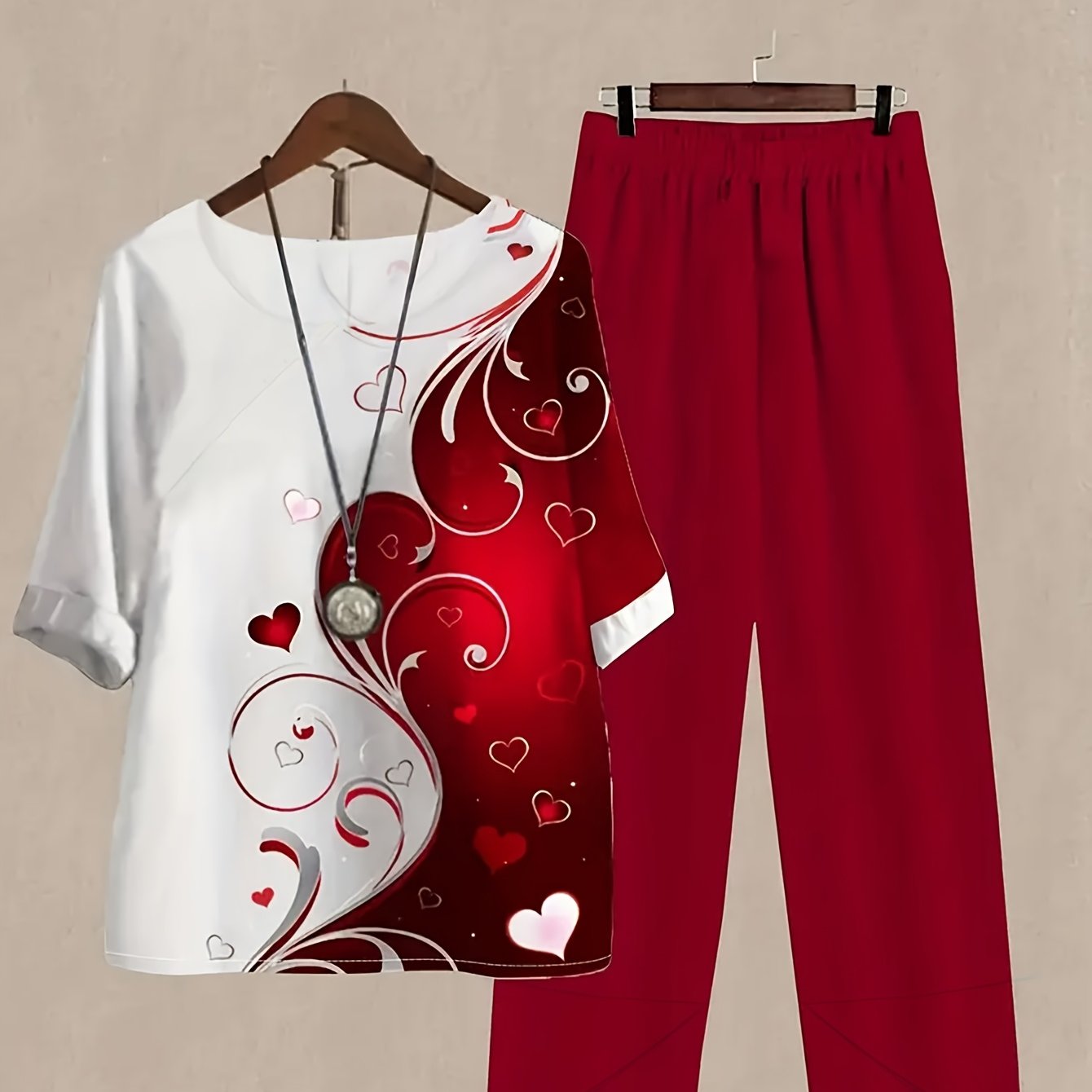 Women's Floral Polyester Pantsuit Loose Fit Crew Neck All-Season Lightweight