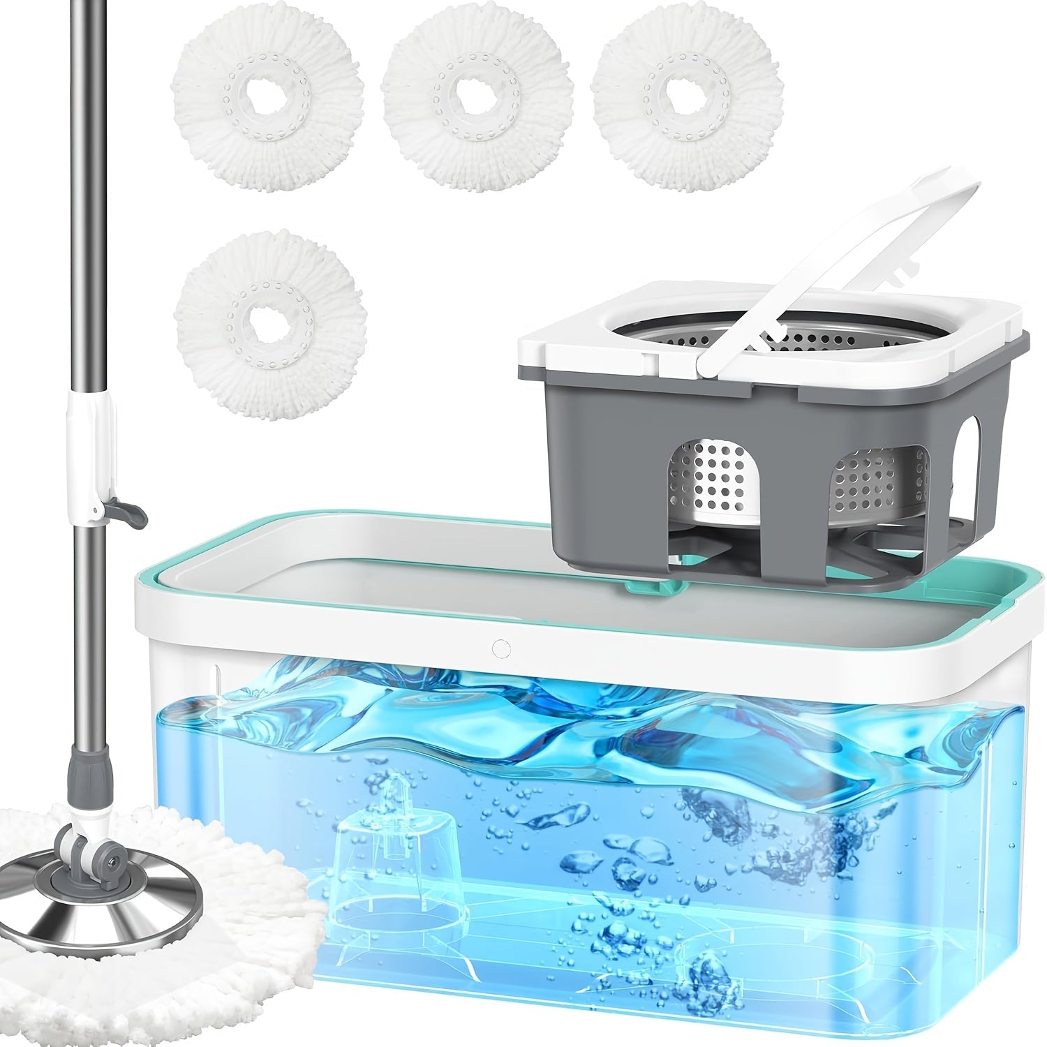 Rotary Mop and Bucket Set with Dual-Drive System, 4 Replacement Heads, Easy Clean