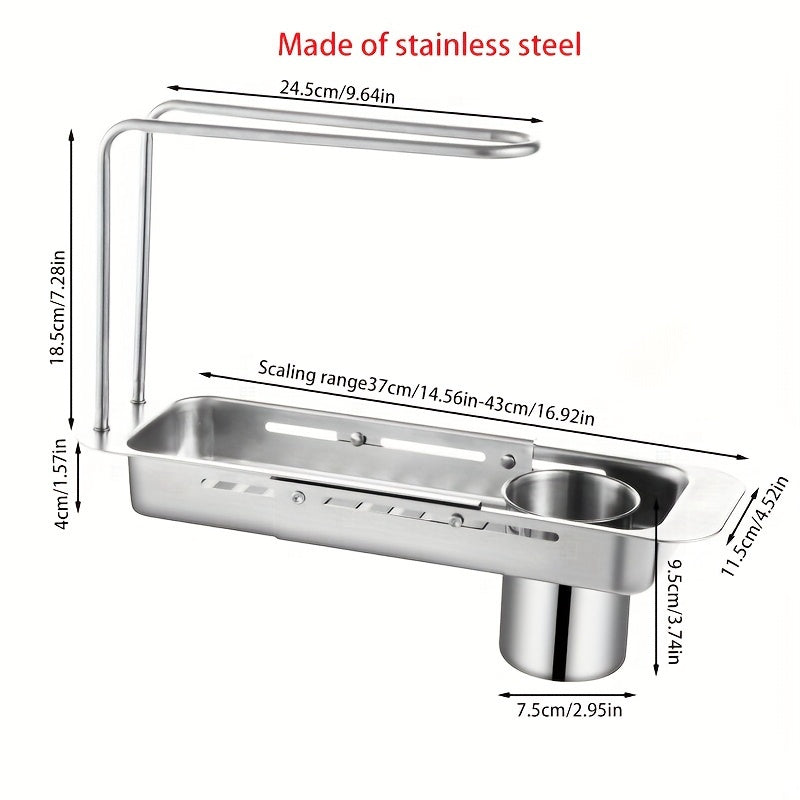 Expandable Stainless Steel Sink Drain Rack with Holder and Drying Basket