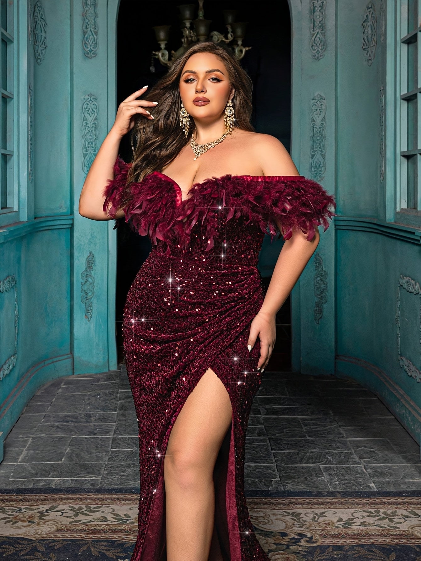 Plus Size Off Shoulder Mermaid Sequin Evening Dress for Formal Events
