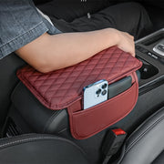 Red PU Leather Car Armrest Pad with Quilted Design and Storage Pocket