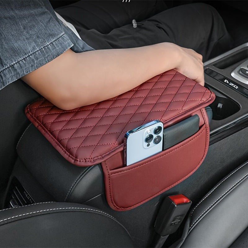 Red PU Leather Car Armrest Pad with Quilted Design and Storage Pocket
