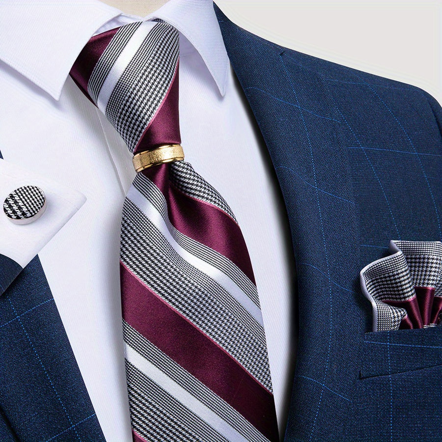 Men's Classic Striped Tie Set with Handkerchief Cufflinks and Ring for Business Formal Weddings
