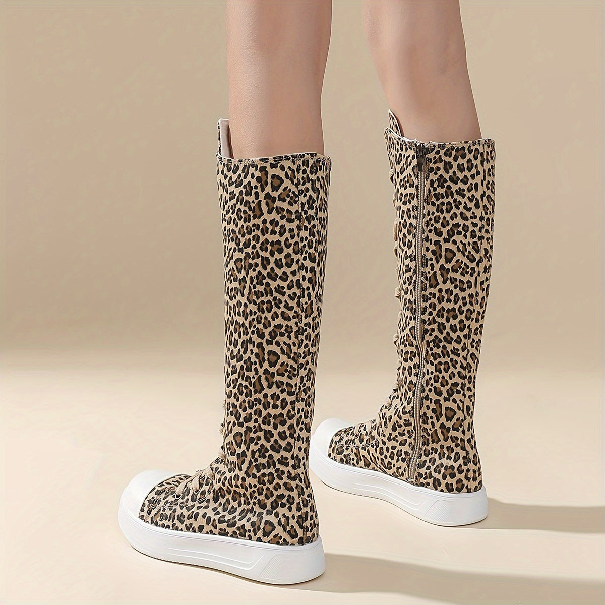 Women's Leather Leopard Print Casual Mid-Calf Boots With Zipper