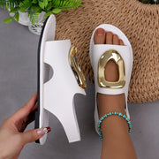 Women's Summer Sandals Open Toe Flat Heel Slip-On with Metallic Buckle