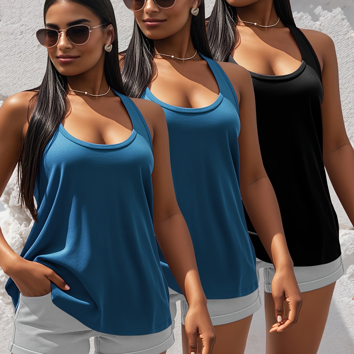 Set of 3 Women's Cotton Plain Tank Tops Basic Sleeveless Shirts