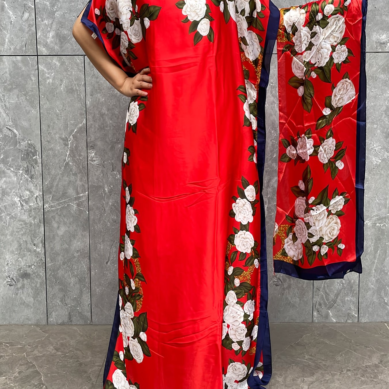 Plus Size Floral Tunic Dress Polyester Batwing Sleeves Party Wear