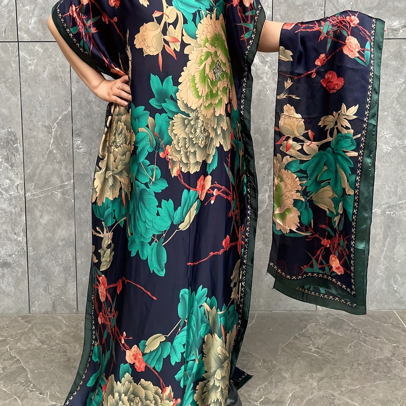 Plus Size Floral Print Maxi Kaftan Dress Short Sleeve Summer Beach Coverup