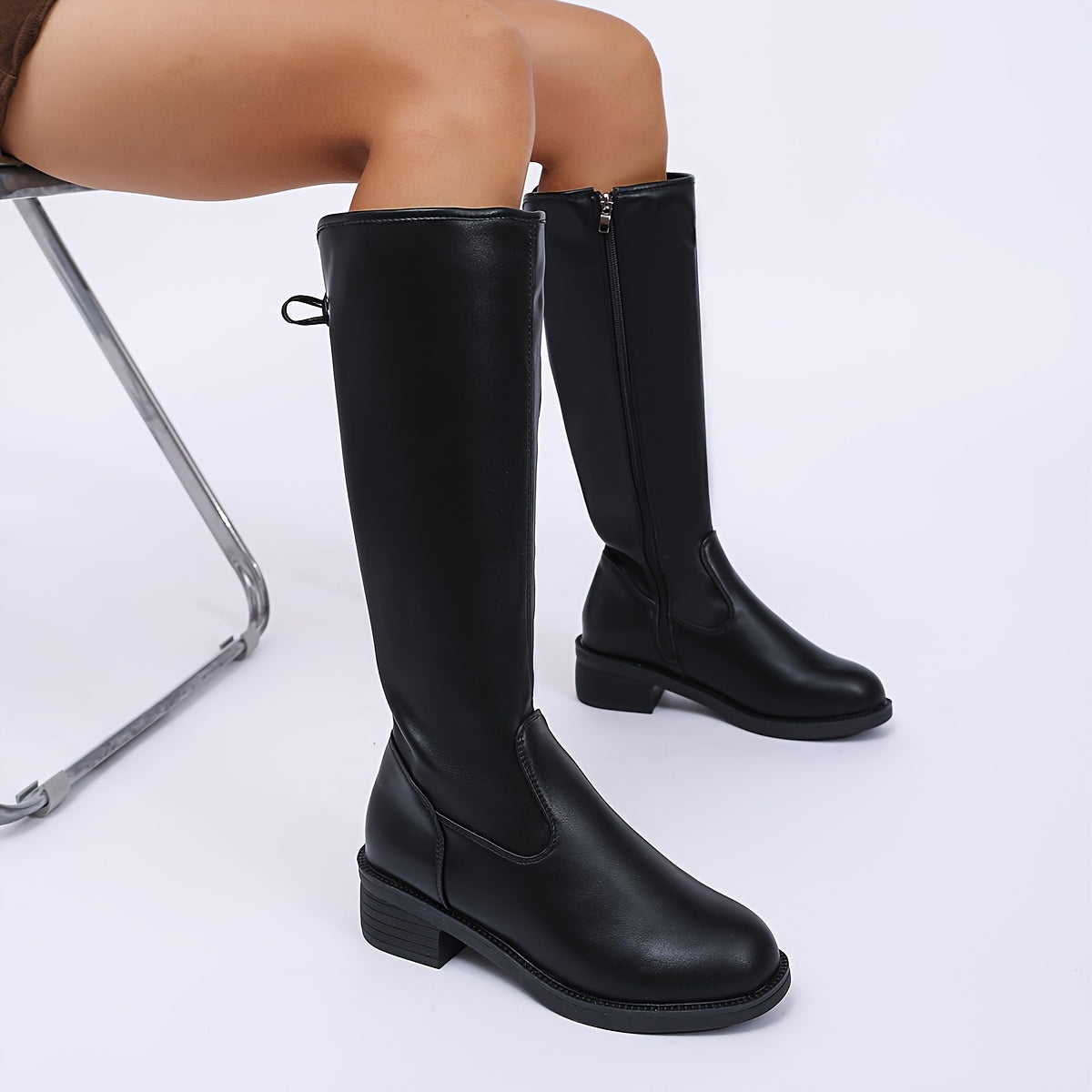 Women's Black Faux Leather Riding Boots with Chunky Heel and Side Zipper