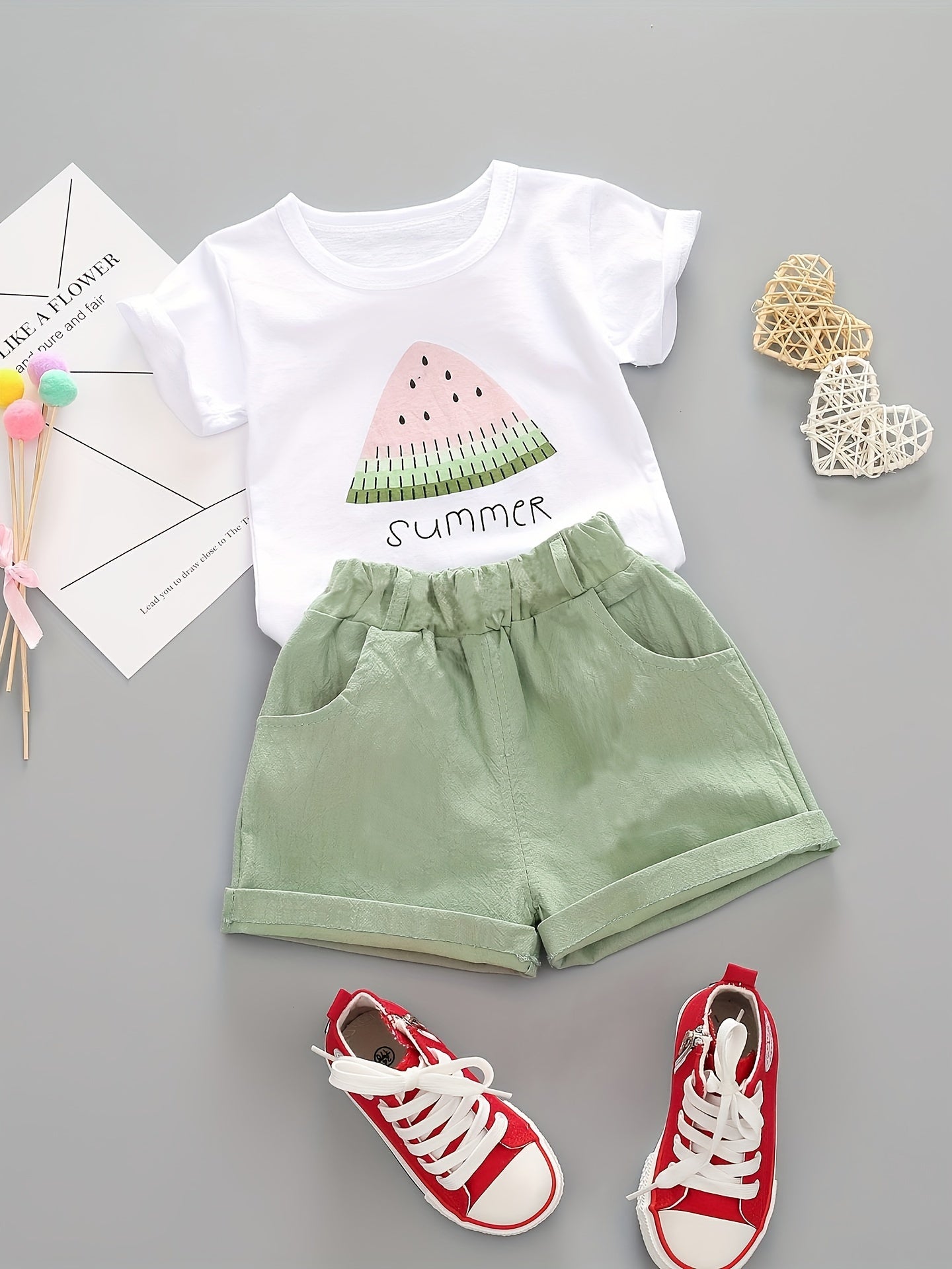 Baby Girls Summer Cotton 2-Piece Set Watermelon Pattern T-Shirt and Shorts