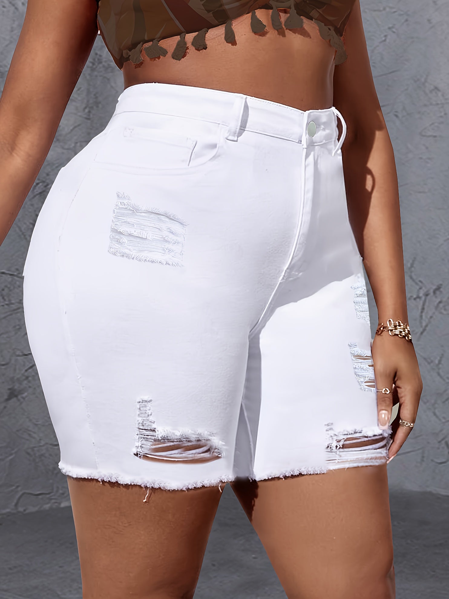 Plus Size White Ripped Denim Shorts for Women Stretchy Spring Summer
