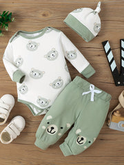 Baby Boy Cotton Bear Print 3-Piece Set Romper Trousers Hat for Newborns