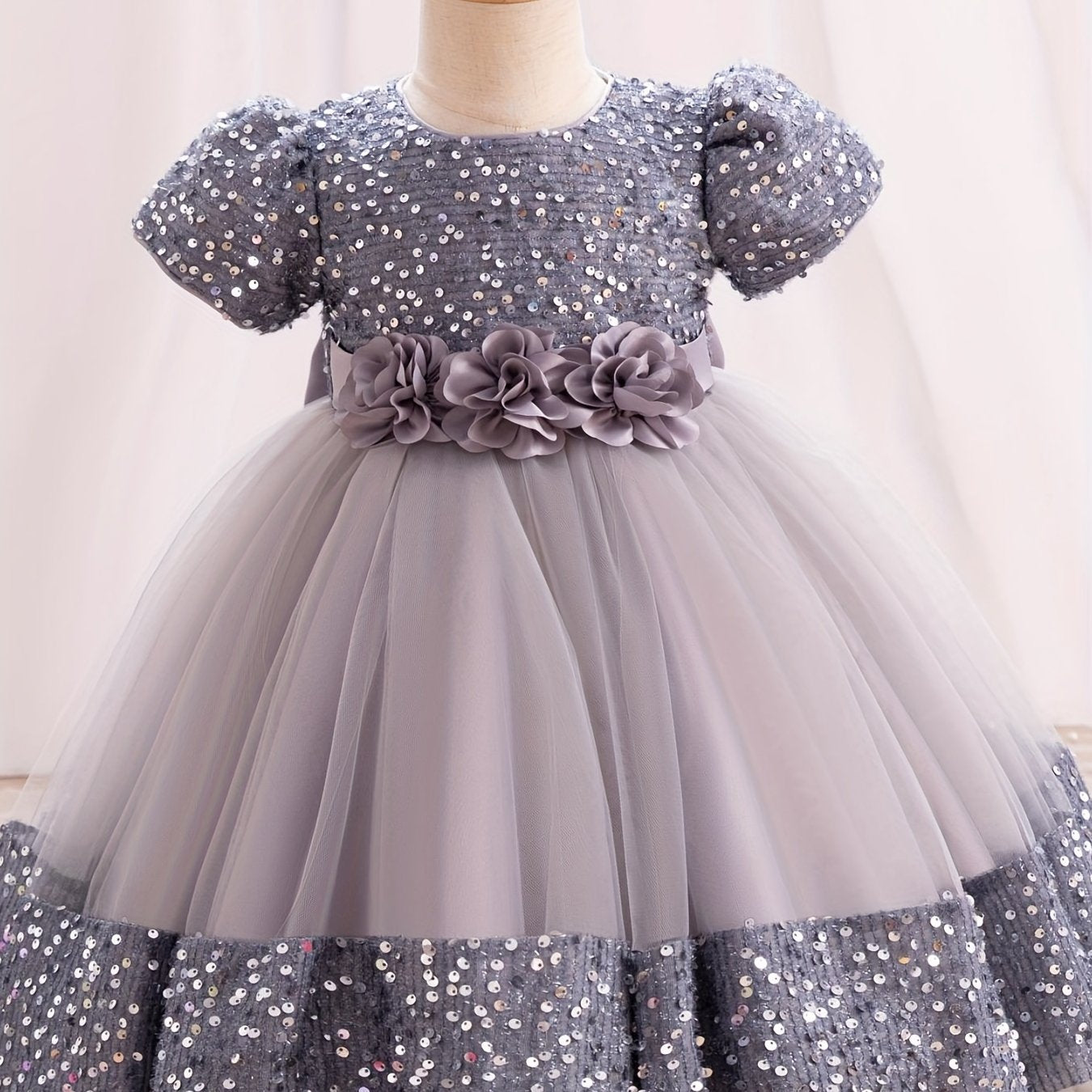 Girls Sparkling Midi Dress with 3D Flower Decor Sequin and Belt for Weddings Parties